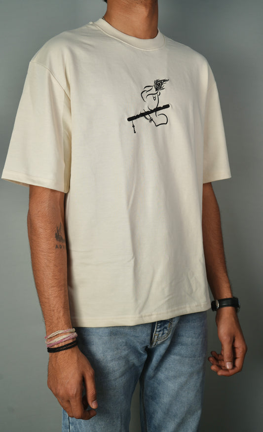 Flute With Krishna Embroidery Oversized T-Shirt