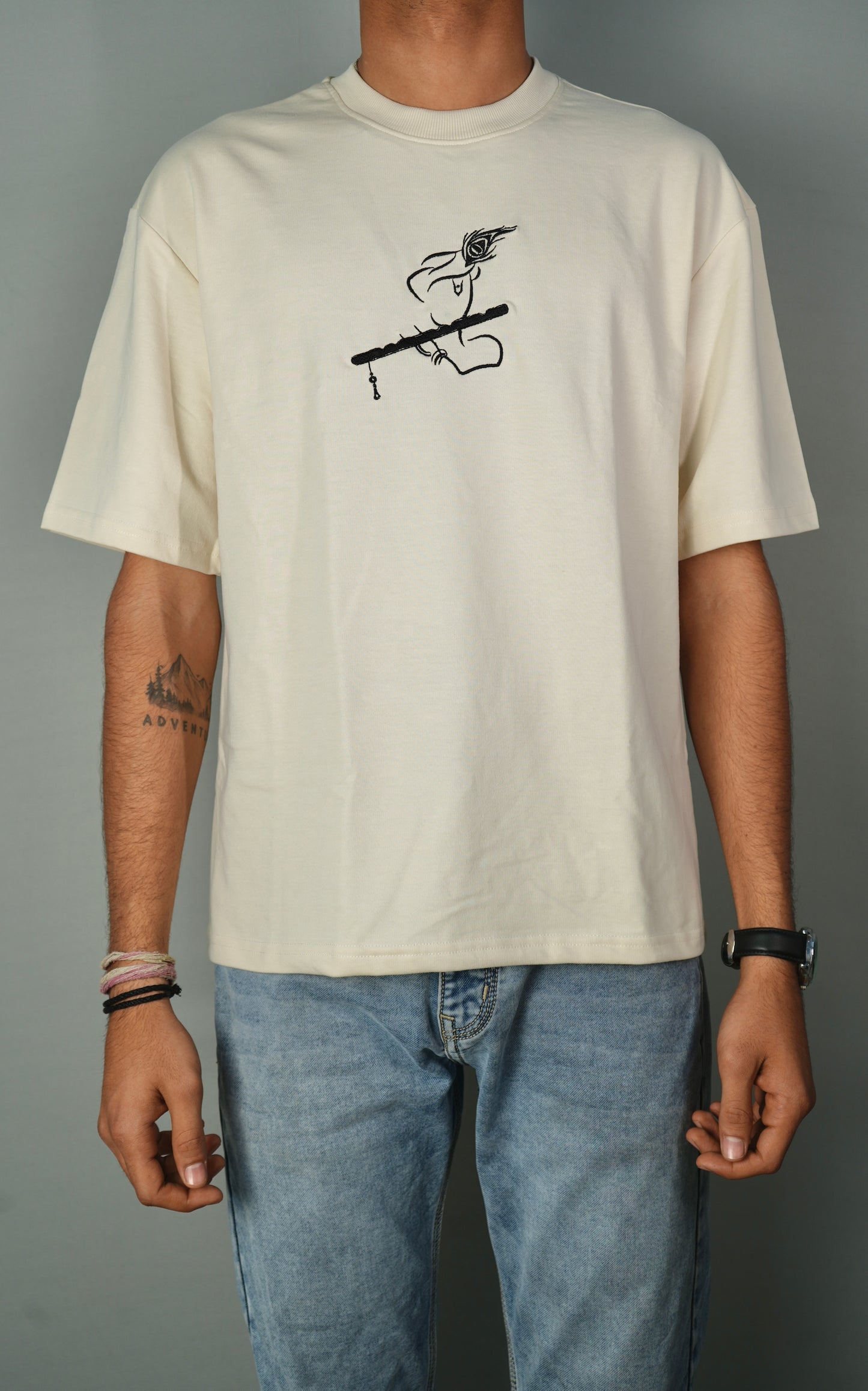 Flute With Krishna Embroidery Oversized T-Shirt